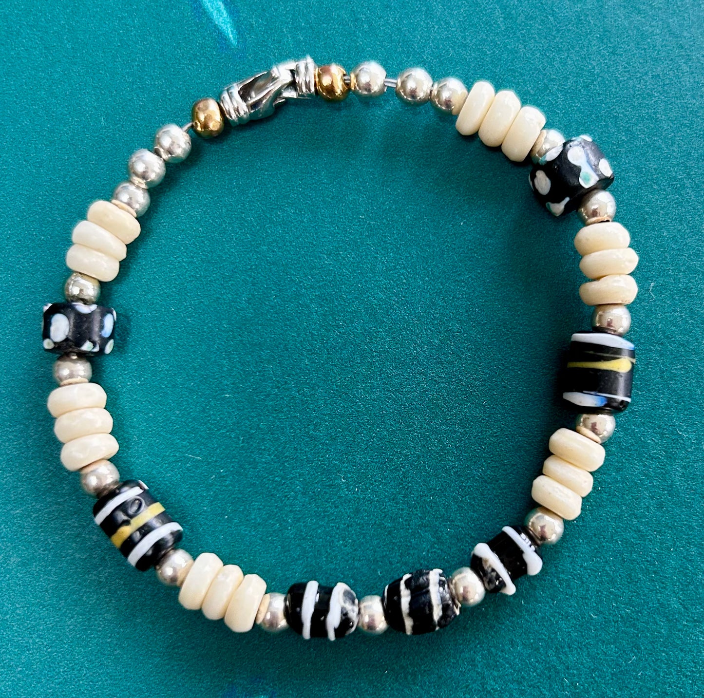 Delicate Bracelet with African Bone Beads, 1920s Murano Beads, and Sterling Silver