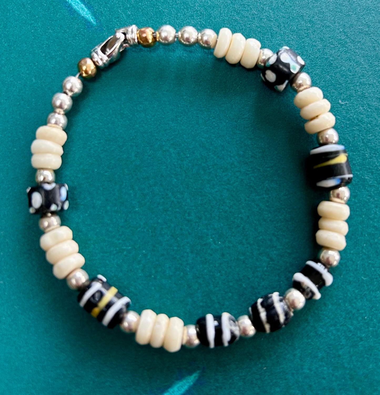 Delicate Bracelet with African Bone Beads, 1920s Murano Beads, and Sterling Silver