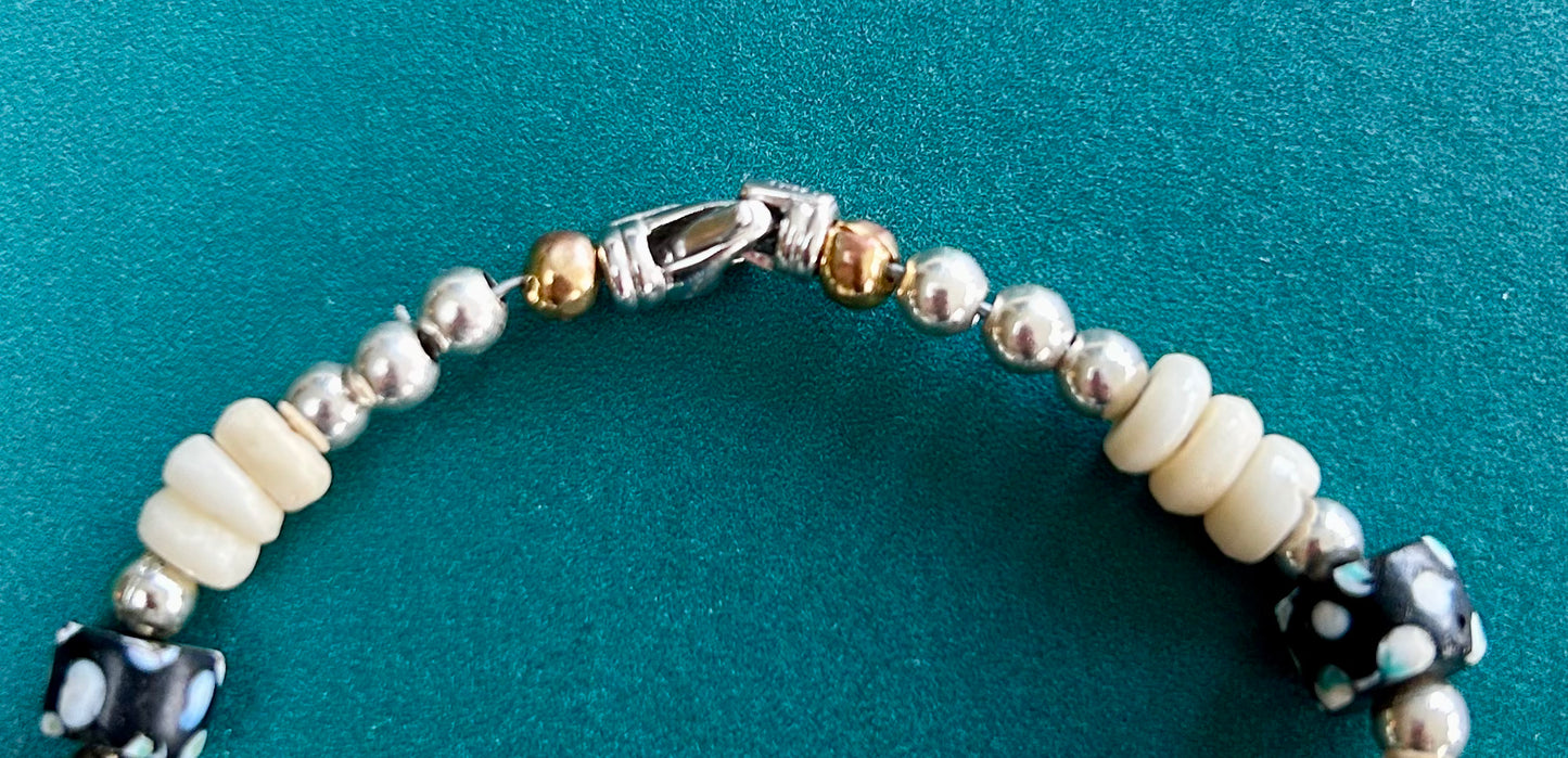 Delicate Bracelet with African Bone Beads, 1920s Murano Beads, and Sterling Silver