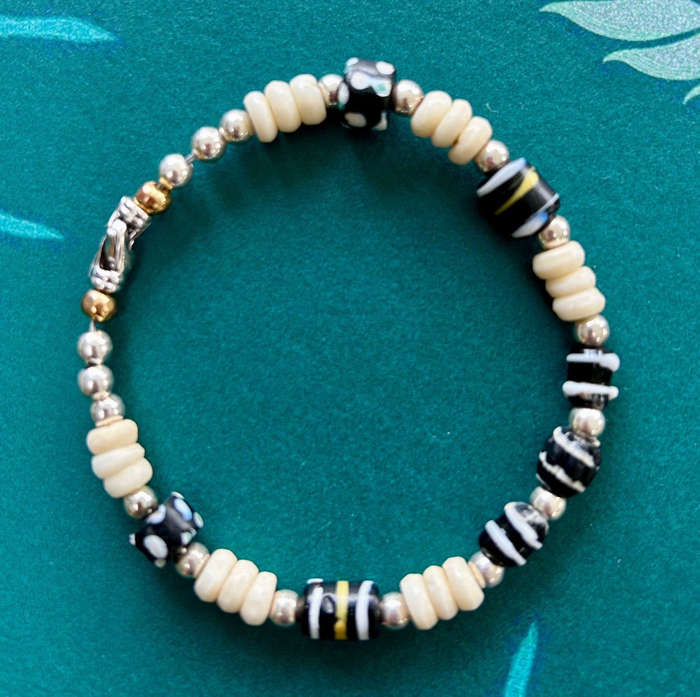 Delicate Bracelet with African Bone Beads, 1920s Murano Beads, and Sterling Silver