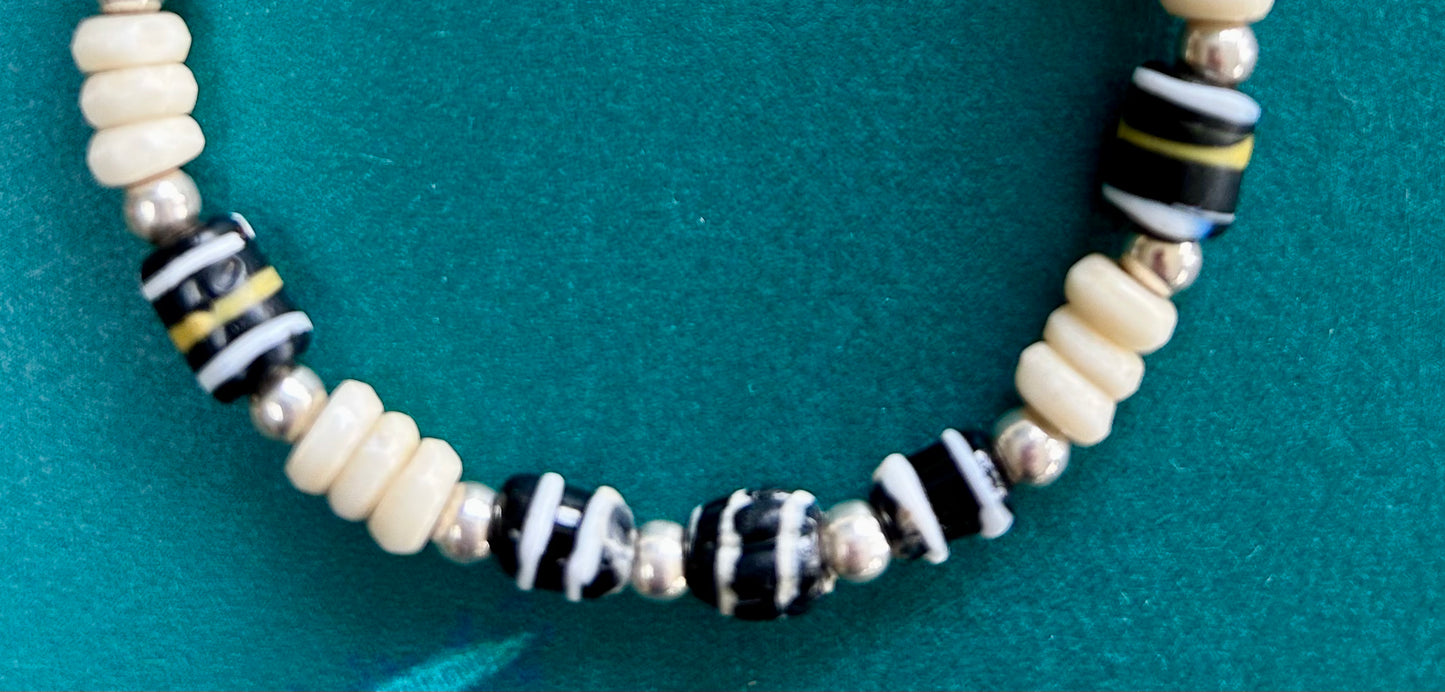 Delicate Bracelet with African Bone Beads, 1920s Murano Beads, and Sterling Silver