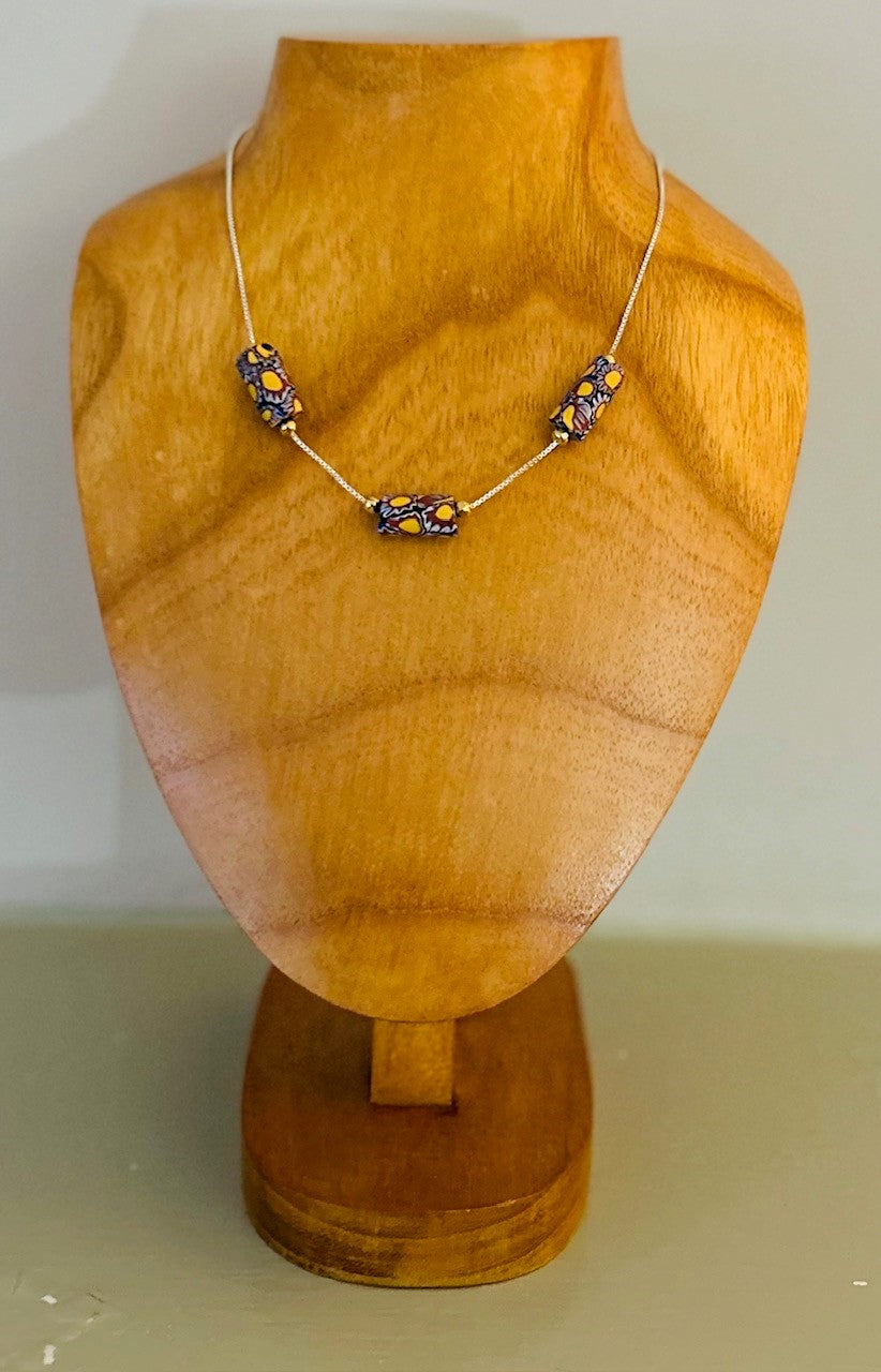 Venetian-Style Sterling Silver Necklace with 1920s Murano Beads and Gold-Plated Accents
