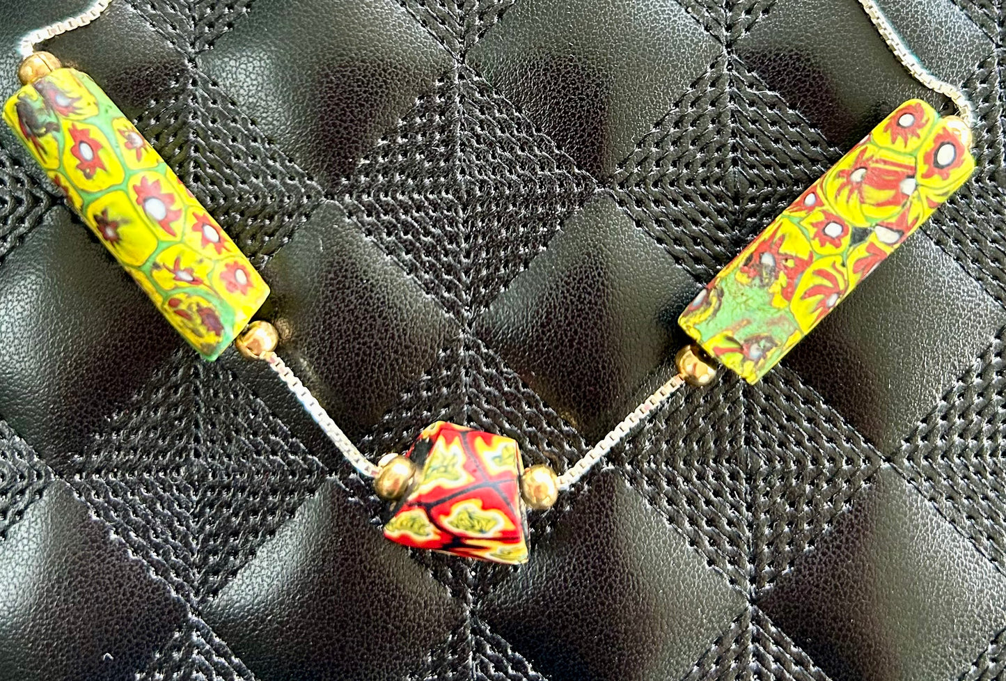 Authentic 1930's Venetian Murano Bead set in Venetian Style Sterling Silver box chain