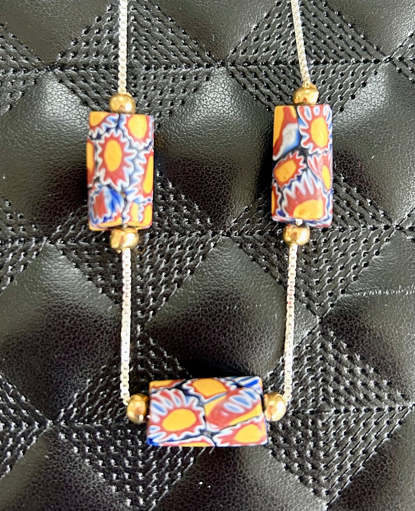 Venetian-Style Sterling Silver Necklace with 1920s Murano Beads and Gold-Plated Accents
