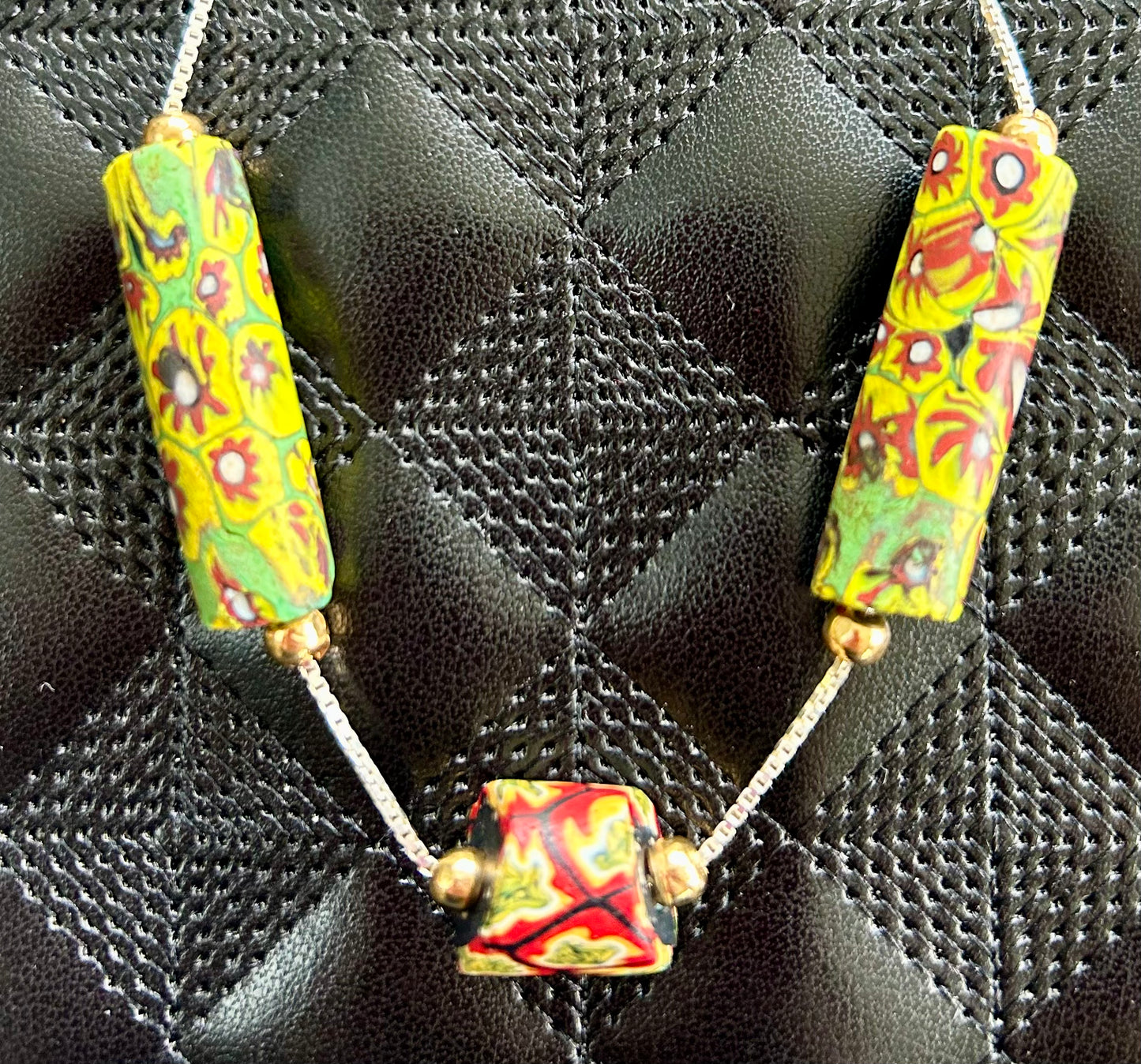 Authentic 1930's Venetian Murano Bead set in Venetian Style Sterling Silver box chain