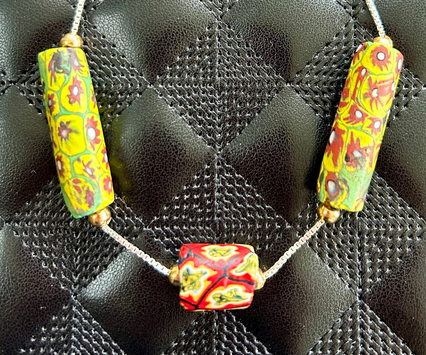 Authentic 1930's Venetian Murano Bead set in Venetian Style Sterling Silver box chain