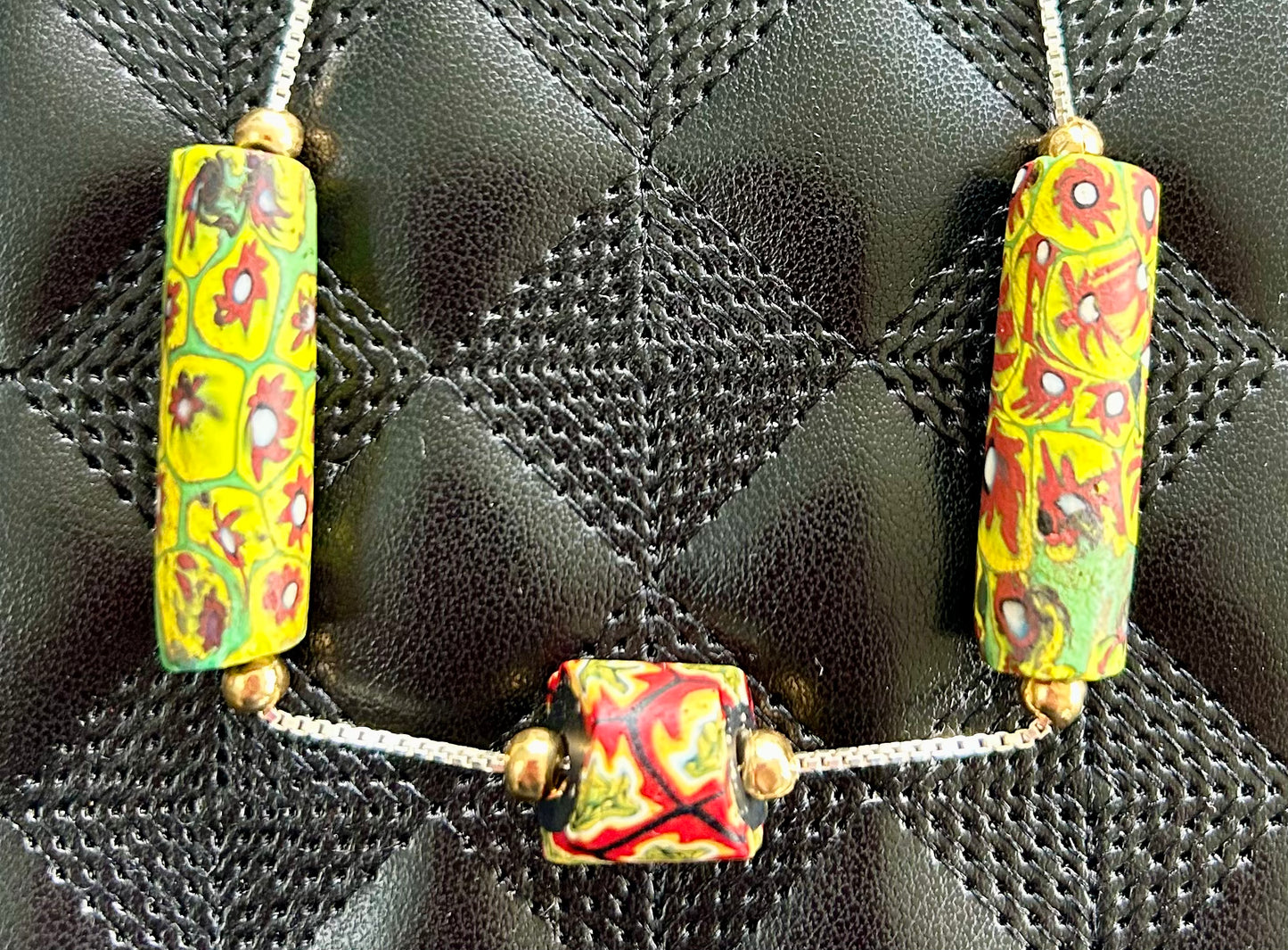 Authentic 1930's Venetian Murano Bead set in Venetian Style Sterling Silver box chain
