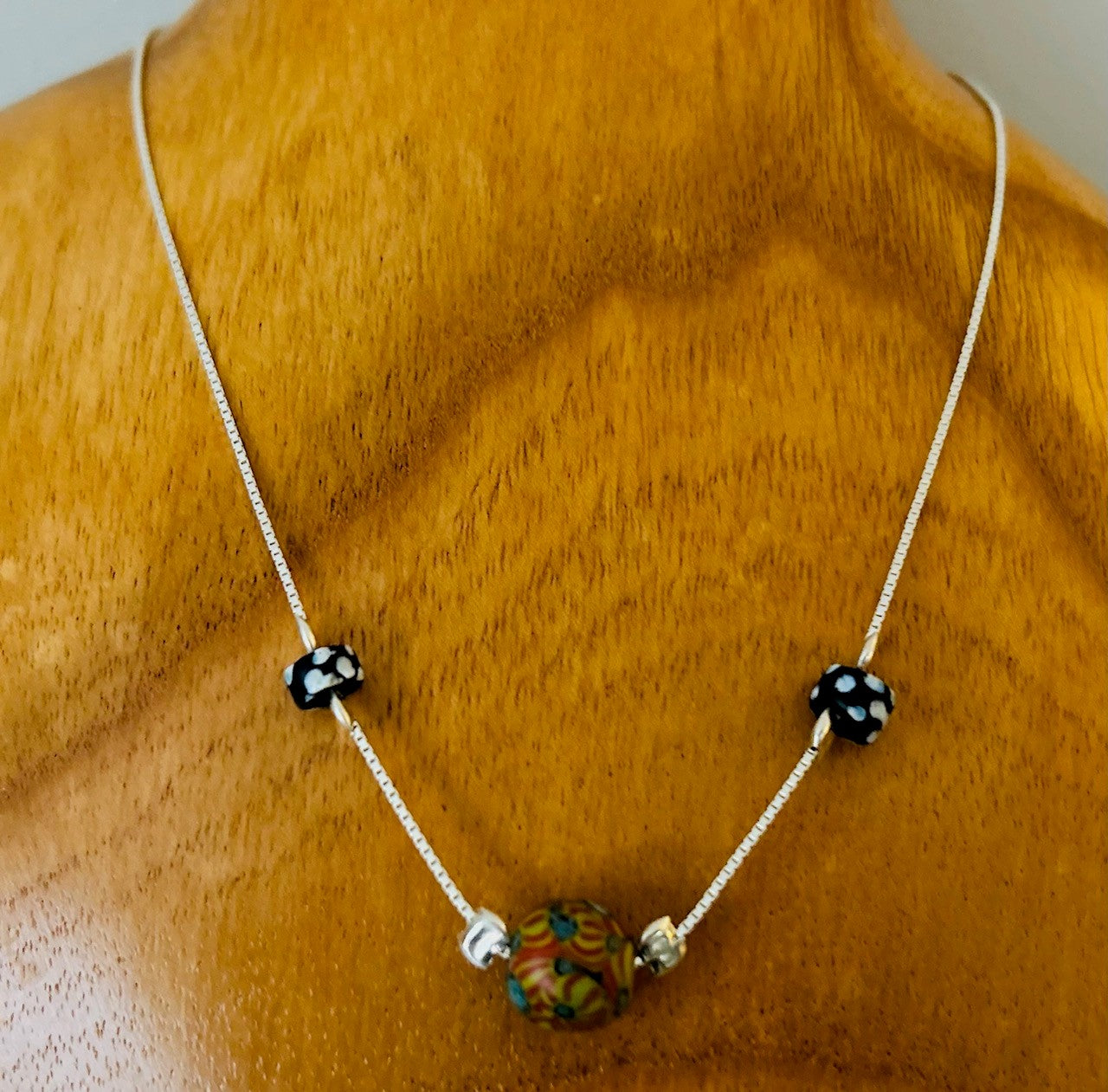Authentic 1920 & 30's Venetian Murano Bead set in Venetian Style Sterling Silver box chain