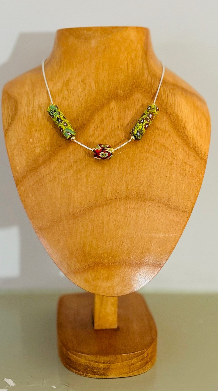 Authentic 1930's Venetian Murano Bead set in Venetian Style Sterling Silver box chain